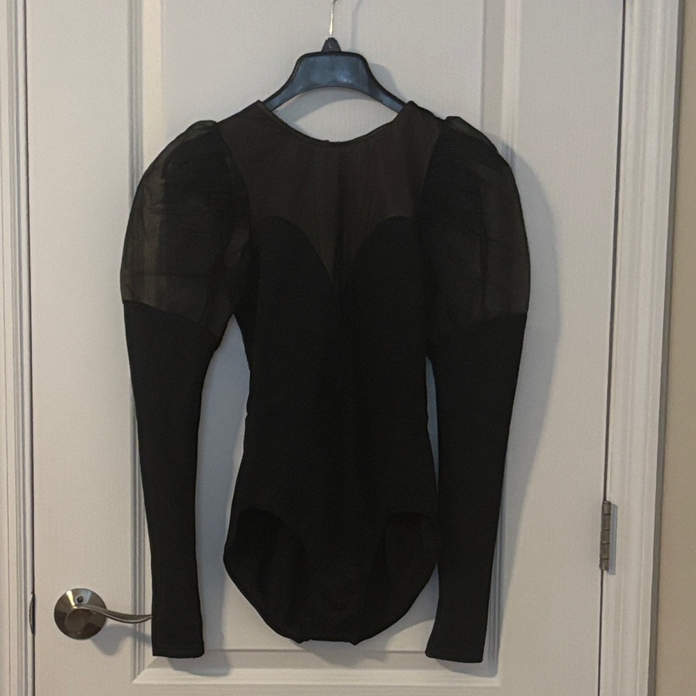 Weissman Black Sheer-Puff Sleeve Bodysuit Dance costume
